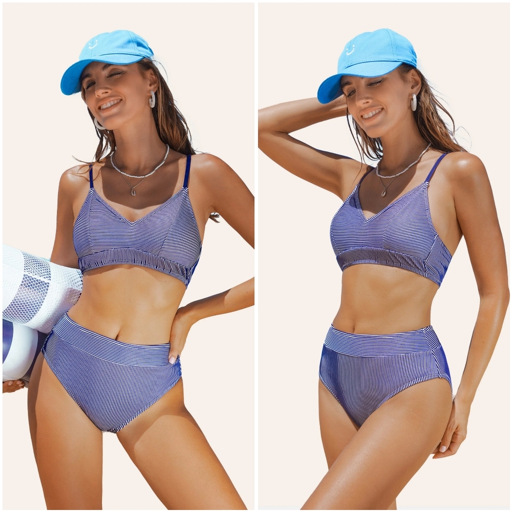 NWT Cupshe Blue Holographic V Two Piece Lace Bikini Swimsuit High Rise Bathing L - Picture 2 of 10